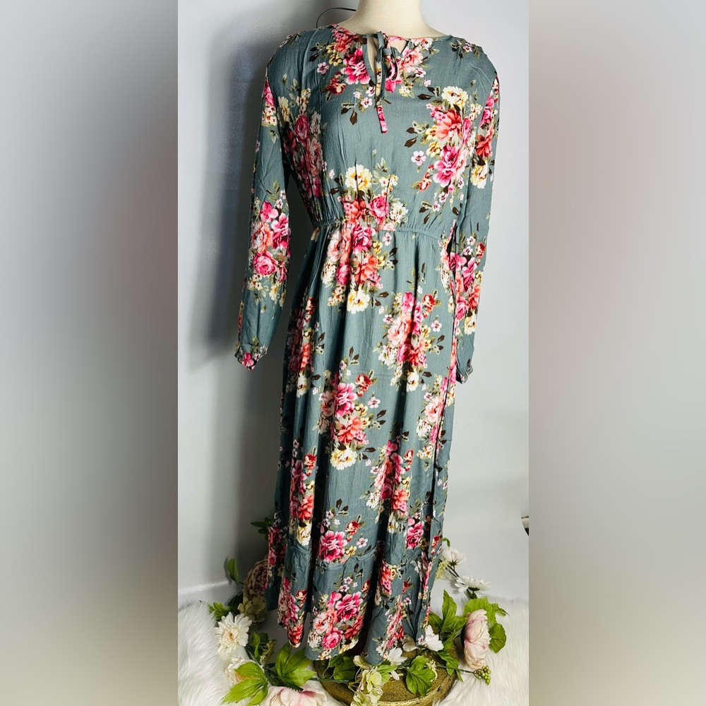 Floral Tie-Neck Maxi Dress - Dusty Teal - Picture 3 of 6